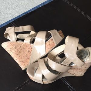 Corked heeled, strappy wedges.